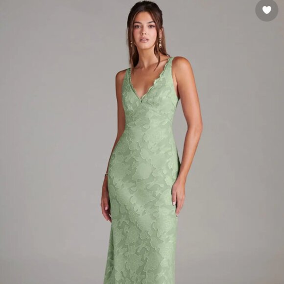 Azazie Dresses & Skirts - AZAZIE Tianna Dress Womens 4 Dusty Sage Sheath Lace Floral Burnout Bridesmaid